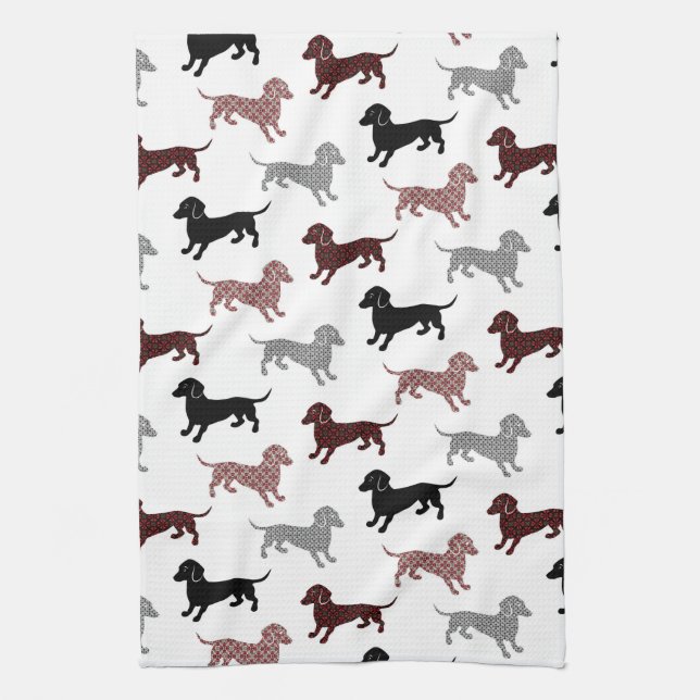 Damask Dackel Cute Dachshunds Tea Towel (Vertical)