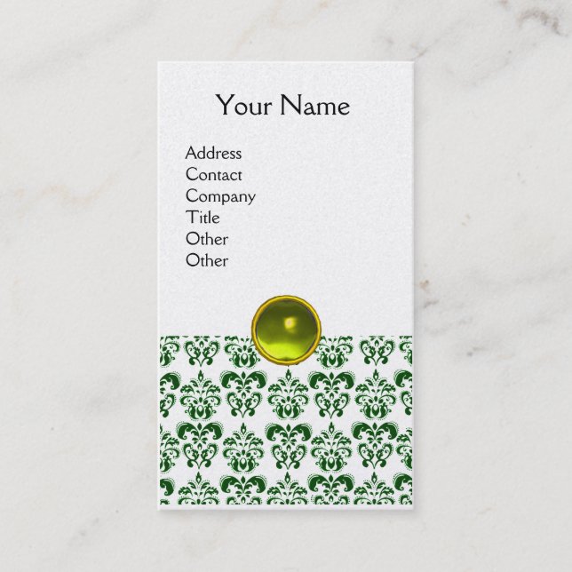 DAMASK DARK GREEN MONOGRAM gem yellow gold Business Card (Front)
