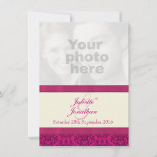 Damask dark pink & cream wedding invitation