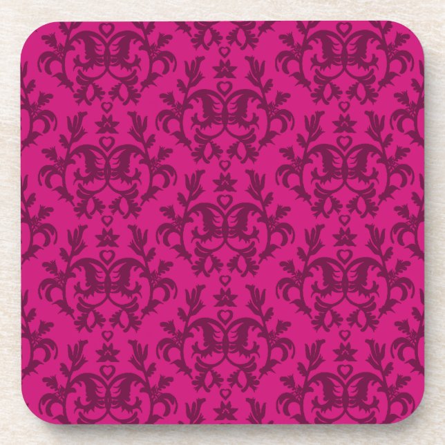 Damask dark pink "Kangaroo Paws" set of 6 coasters (Front)