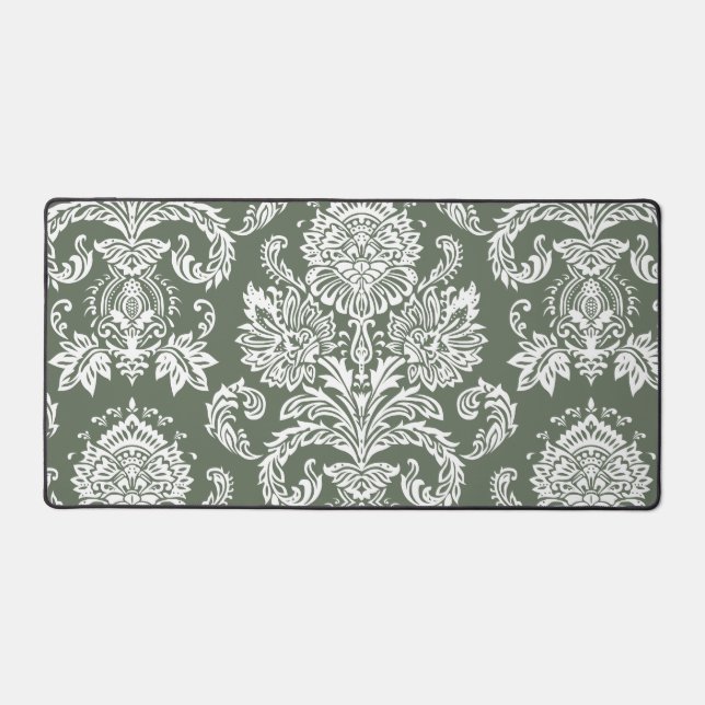 Damask Deep Lichen Green Simple Colour Coordinated Desk Mat (Front)