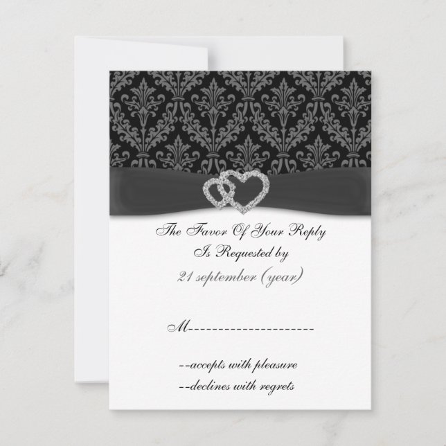 damask diamante charcoal wedding RSVP Card (Front)