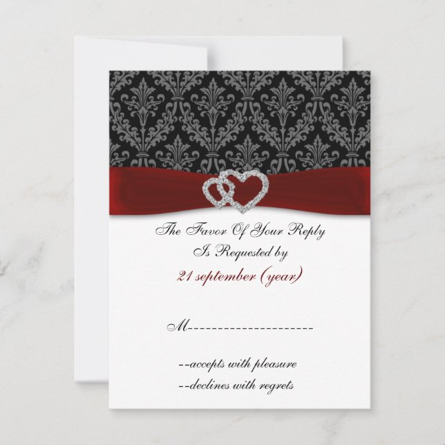 damask diamante red wedding RSVP Card (Front)