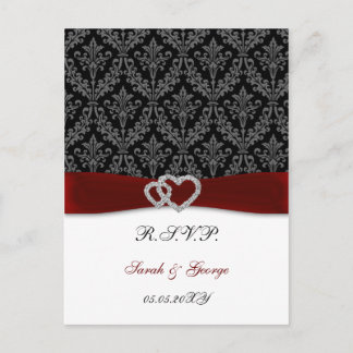 damask diamante red wedding RSVP Invitation Postcard