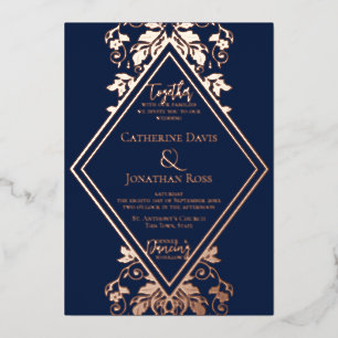 Damask Diamond Navy & Rose Wedding Foil Invitation