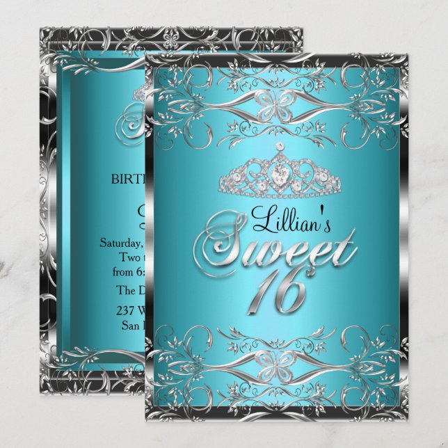 Damask & Diamond Tiara Blue Silver Sweet 16 Invite (Front/Back)