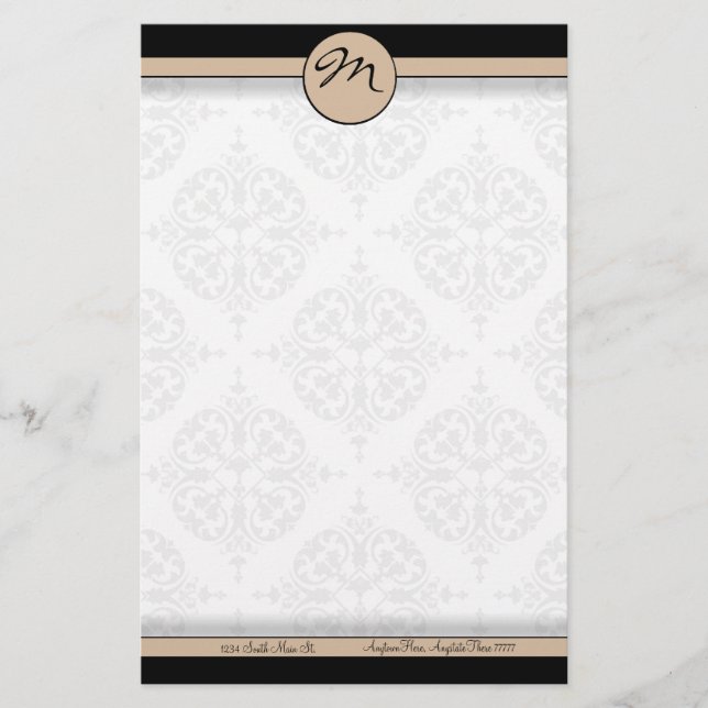Damask Double Line Beige Monogram Stationery (Front)