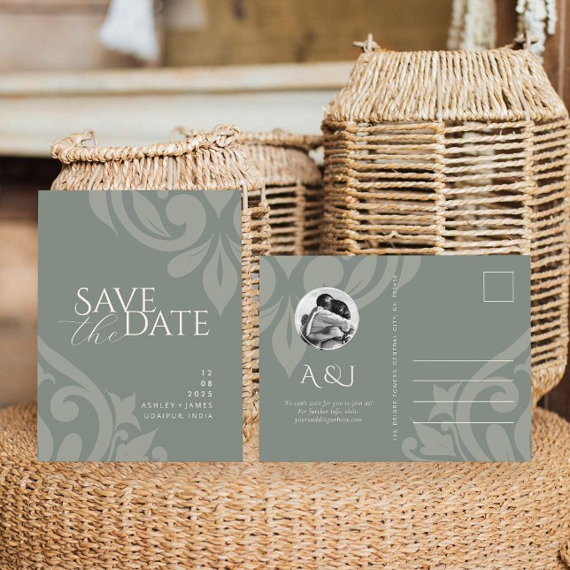 Damask Earthy Olive Photo Wedding Save the Date Announcement Postcard (Creator Uploaded)