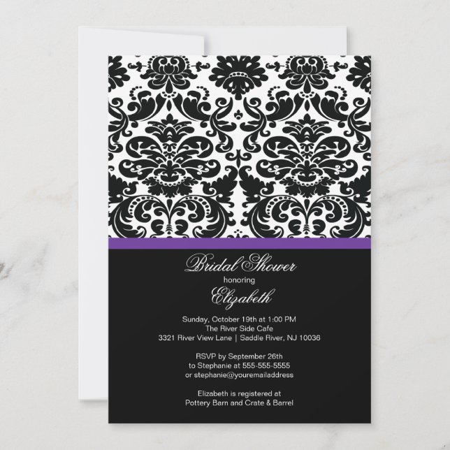 Damask Eggplant Purple Bridal Shower Invitation (Front)