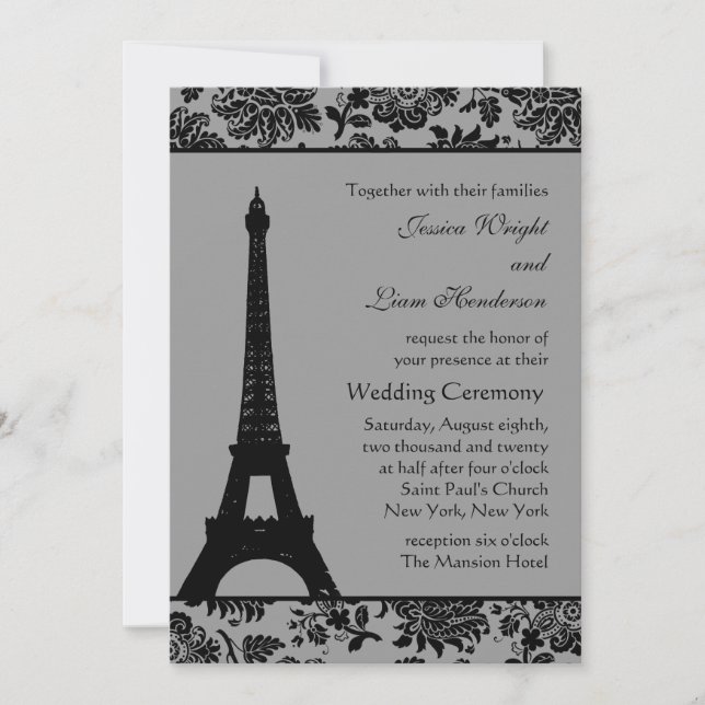 Damask Eiffel Tower Wedding Invitation (Front)