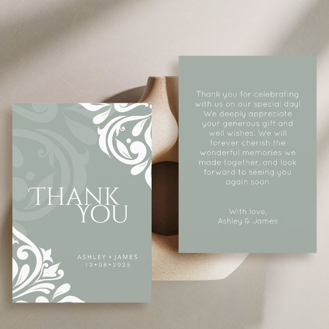Damask Elegance (Olive) Wedding Thank You Card (Creator Uploaded)