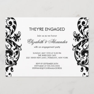 Damask Engagement Party Invitations Black & White