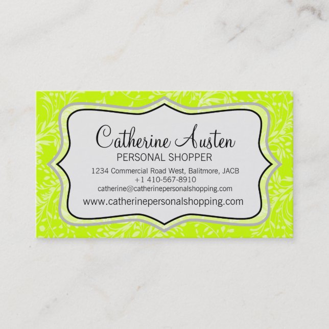 Damask everyday bright lime green business card (Front)