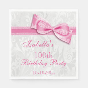 Damask & Faux Bow Girls 100th Birthday Napkin