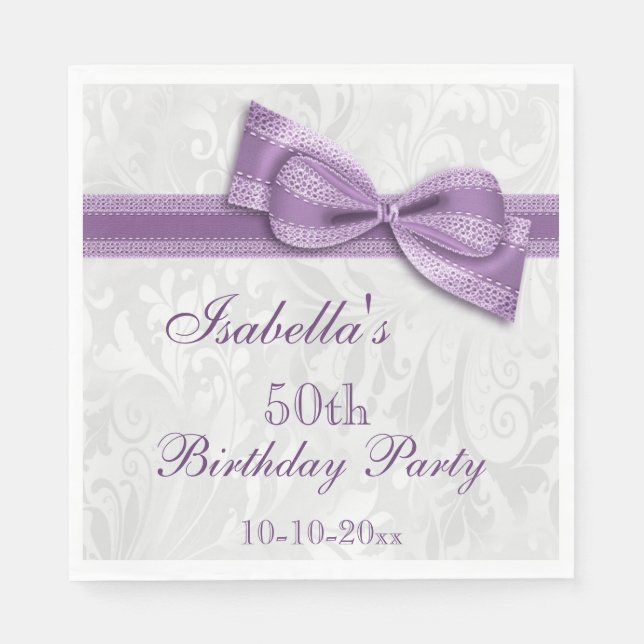 Damask & Faux Bow Girls 50th Birthday Napkin (Front)