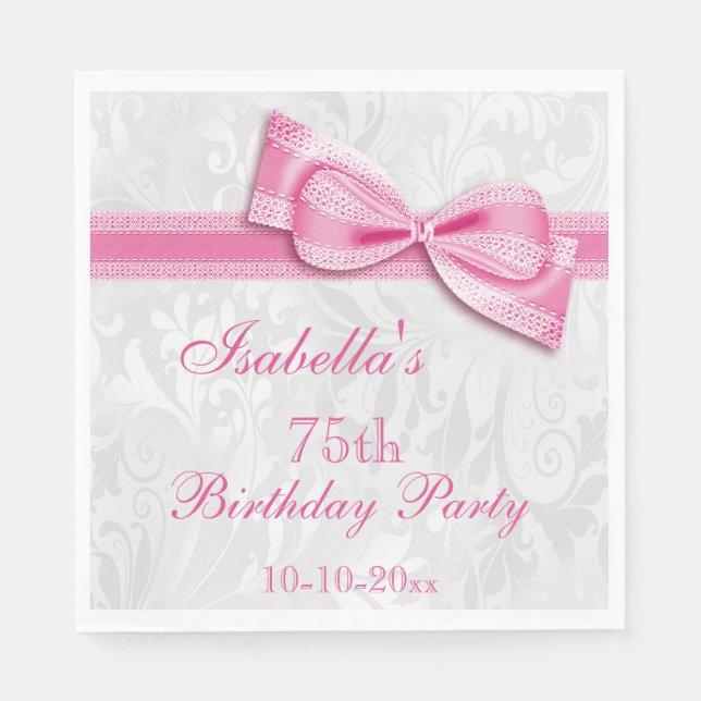 Damask & Faux Bow Girls 75th Birthday Napkin (Front)