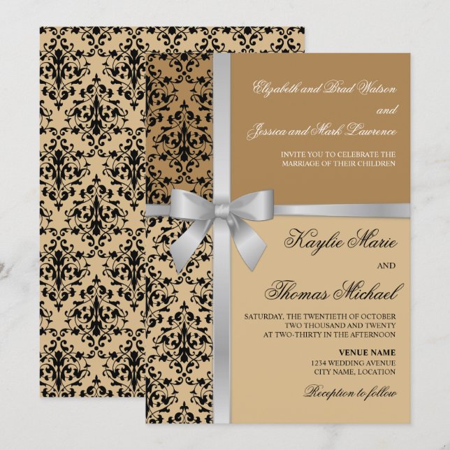 Damask Faux Silver Ribbon Autumn Wedding Invitation (Front/Back)