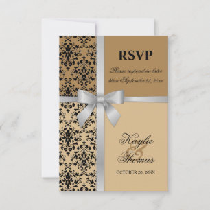 Damask Faux Silver Ribbon Autumn Wedding RSVP Card
