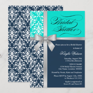 Damask Faux Silver Ribbon Navy Aqua Bridal Shower Invitation