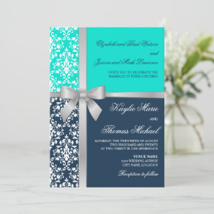 Damask Faux Silver Ribbon Navy Aqua Wedding Invitation