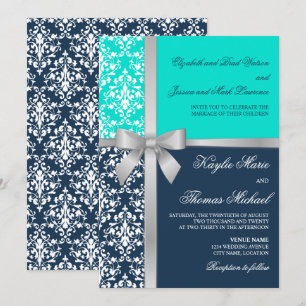 Damask Faux Silver Ribbon Navy Aqua Wedding Invitation