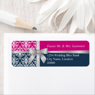 Damask Faux Silver Ribbon Navy Blue Fuchsia Label