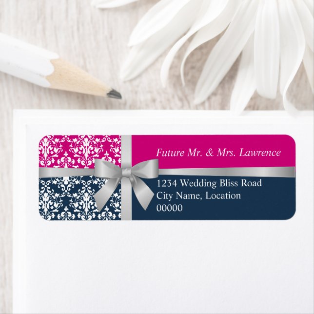 Damask Faux Silver Ribbon Navy Blue Fuchsia Label (Insitu)