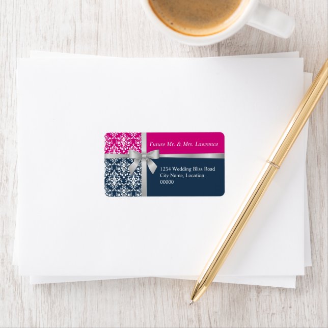 Damask Faux Silver Ribbon Navy Blue Fuchsia Label (Insitu)