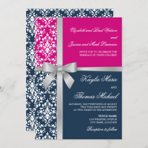 Damask Faux Silver Ribbon Navy Fuchsia Wedding Invitation