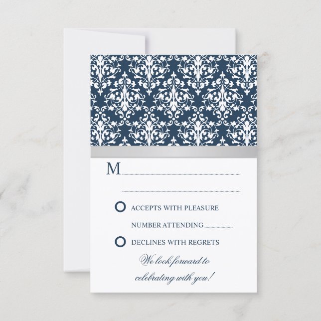 Damask Faux Silver Ribbon Navy Wedding RSVP (Back)