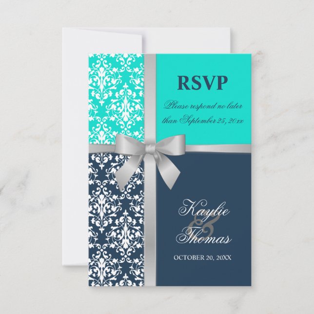 Damask Faux Silver Ribbon Navy Wedding RSVP (Front)