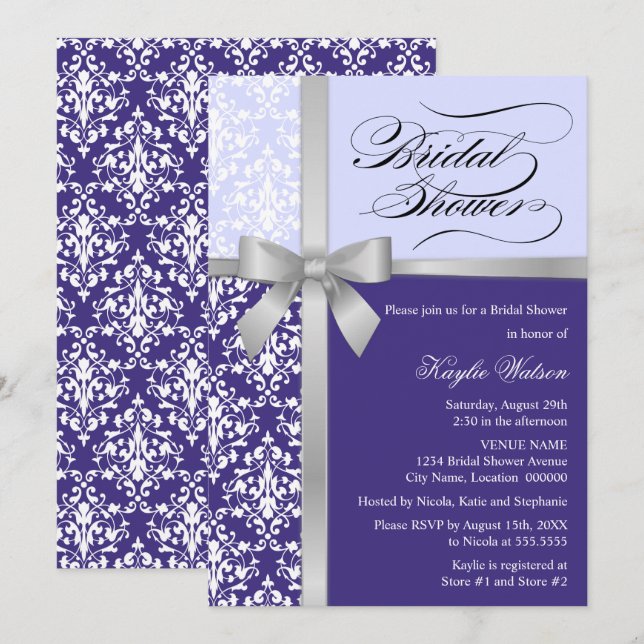Damask Faux Silver Ribbon Purple Bridal Shower Invitation (Front/Back)