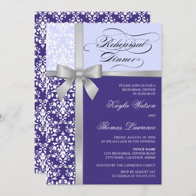 Damask Faux Silver Ribbon Purple Rehearsal Dinner Invitation (Front/Back)