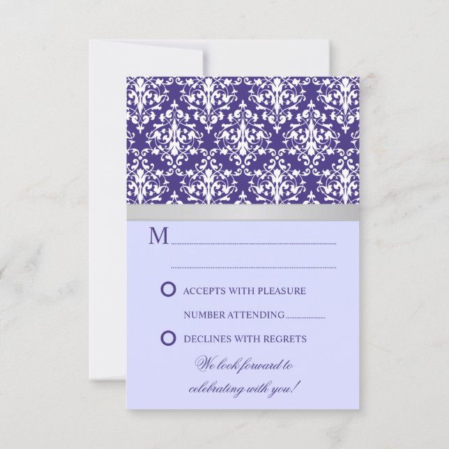 Damask Faux Silver Ribbon Purple Wedding RSVP Card (Back)