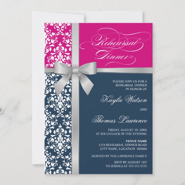 Damask Faux Silver Ribbon Rehearsal Dinner Invitation (Front)