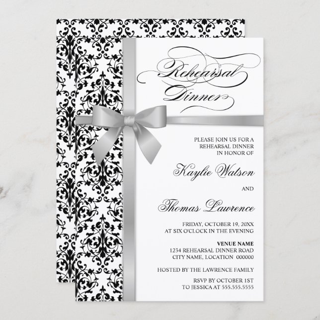 Damask Faux Silver Ribbon Rehearsal Dinner Invitation (Front/Back)