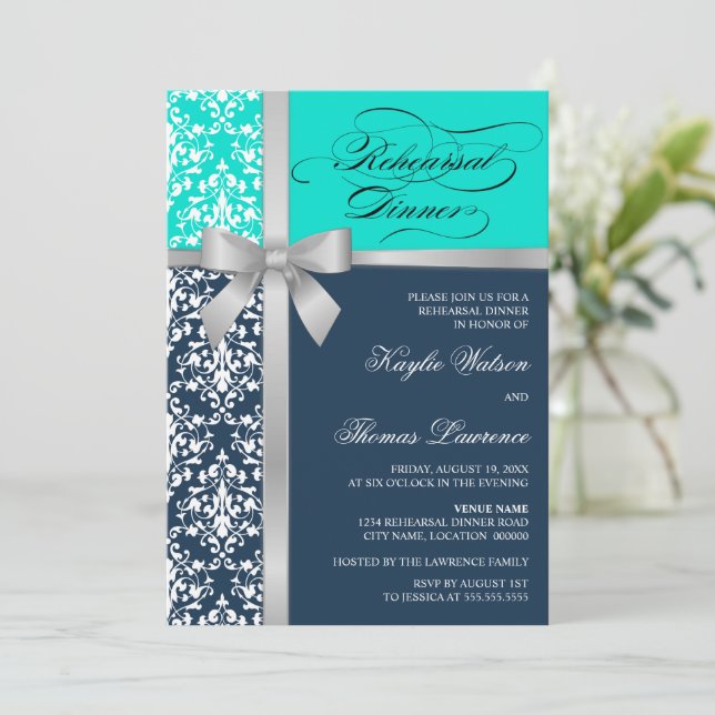 Damask Faux Silver Ribbon Rehearsal Dinner Invitation (Standing Front)
