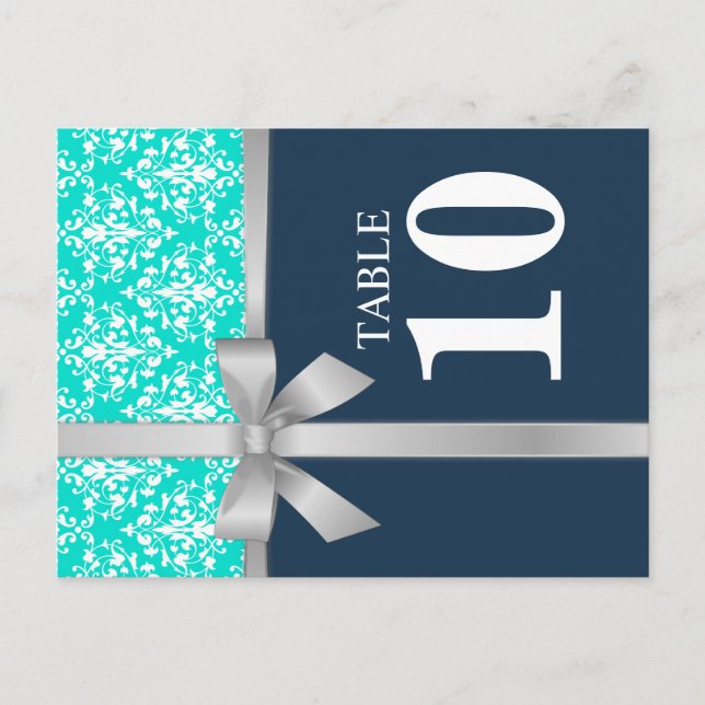 Damask Faux Silver Ribbon Table Number Card (Front)