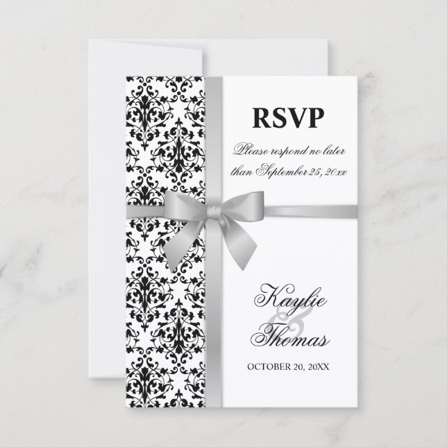 Damask Faux Silver Ribbon Wedding RSVP Card (Front)
