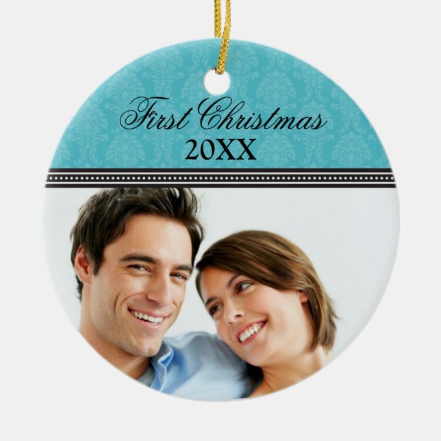 Damask First Christmas Wedding Ornament (aqua) (Front)