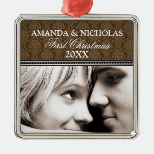 Damask First Christmas Wedding Ornament (brown)