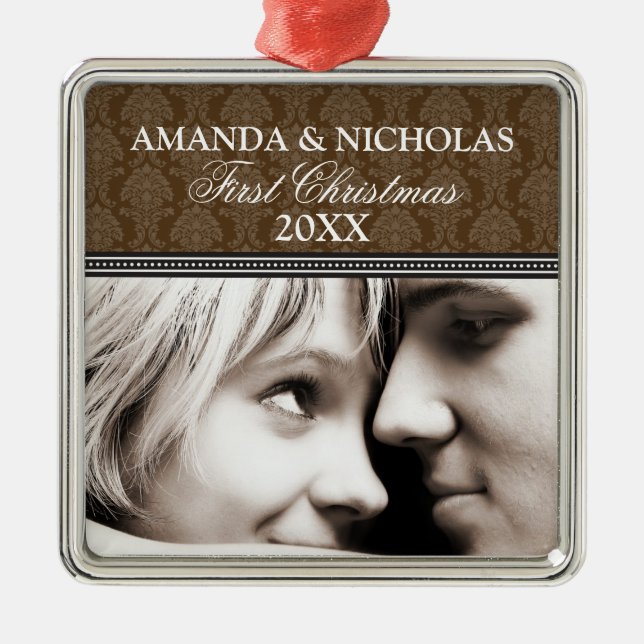 Damask First Christmas Wedding Ornament (brown) (Front)