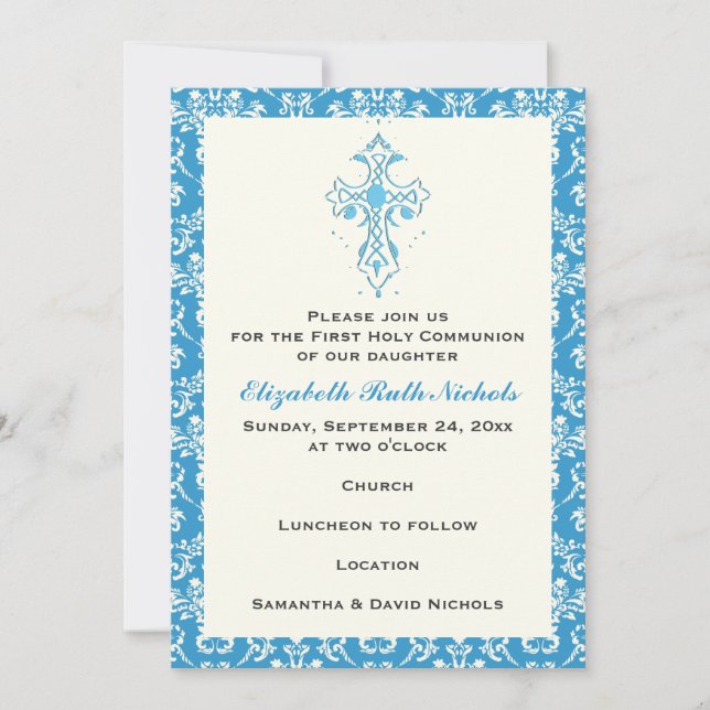 Damask First Holy Communion Baptism Confirmation Invitation (Front)