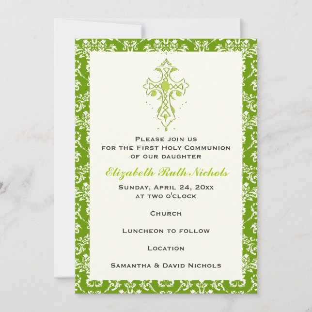 Damask First Holy Communion Baptism Confirmation Invitation (Front)