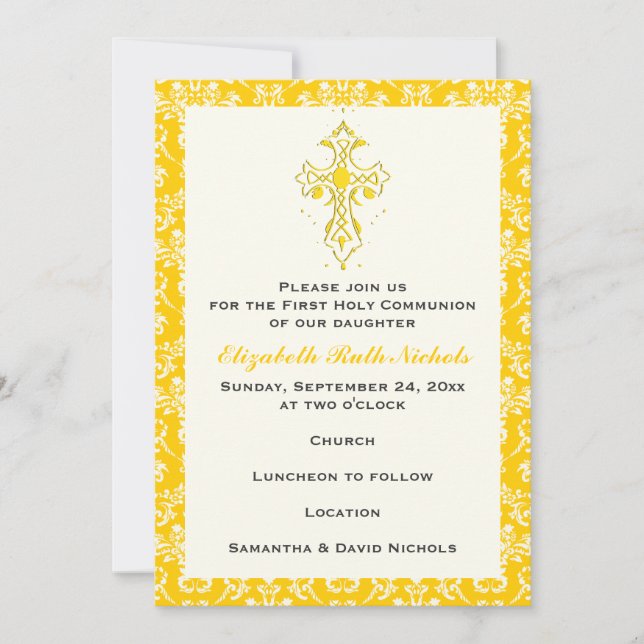 Damask First Holy Communion Baptism Confirmation Invitation (Front)