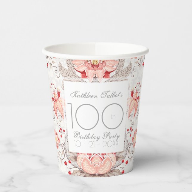 Damask Floral 100th Birthday Party Paper Cup (Left)