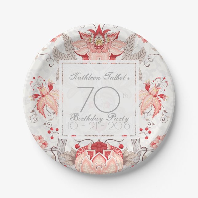 Damask Floral 70th Birthday Party Paper Plate (Front)