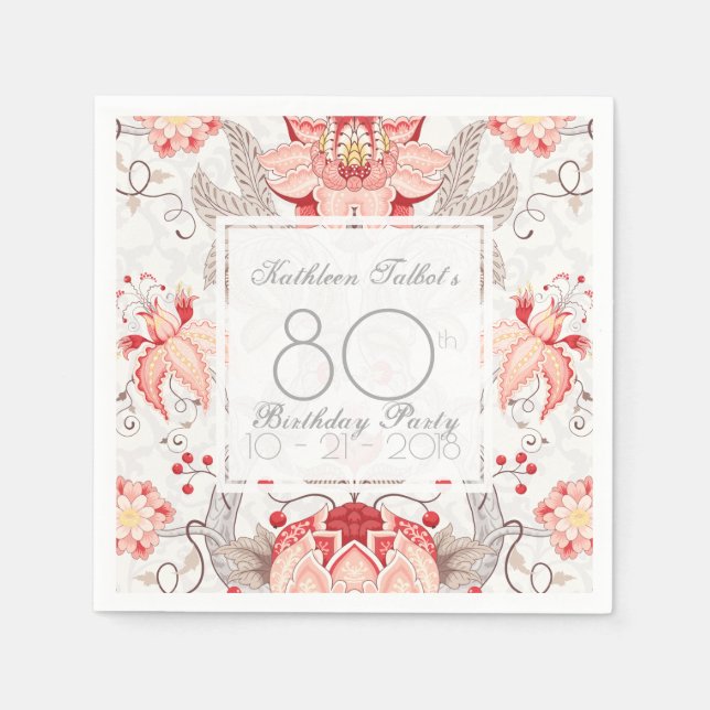 Damask Floral 80th Birthday Party Paper Napkin (Front)