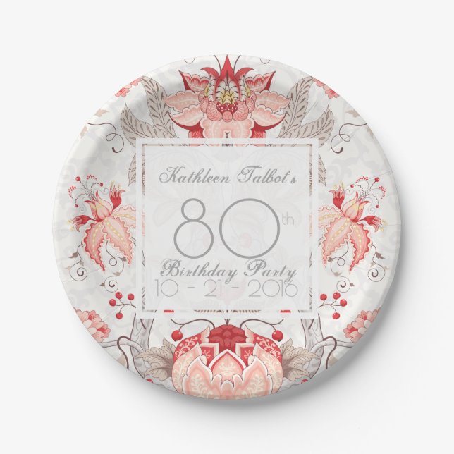 Damask Floral 80th Birthday Party Paper Plate (Front)