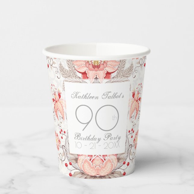 Damask Floral 90th Birthday Party Paper Cup (Left)